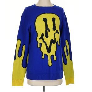 Jeremy Scott 100% Merino Wool Melting Smiley Face Emoji Artsy Bright Sweater Sm